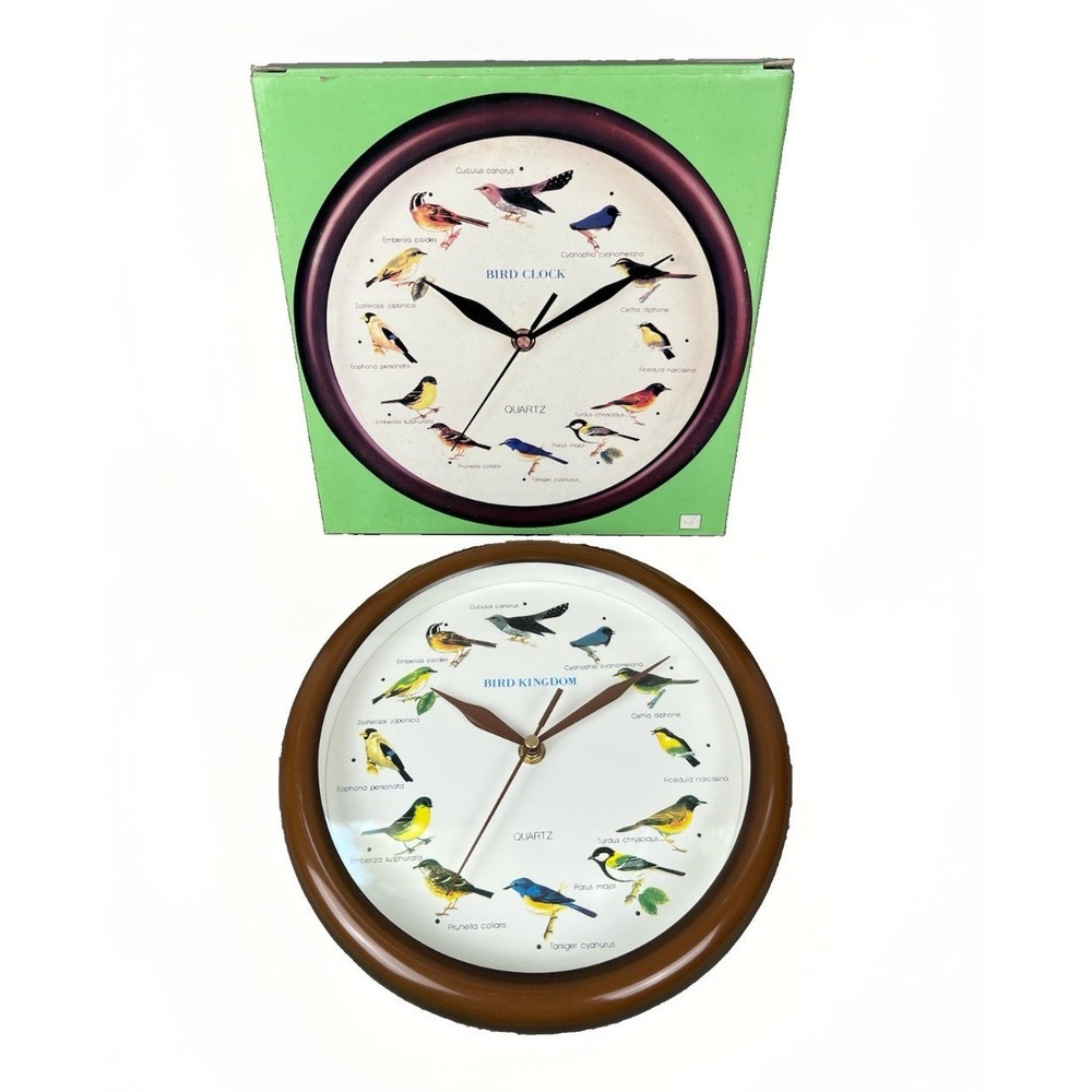 Vintage Bird Clock 9.5" Singing Sound Bird Kingdom Quartz - New In Box‎ Brown